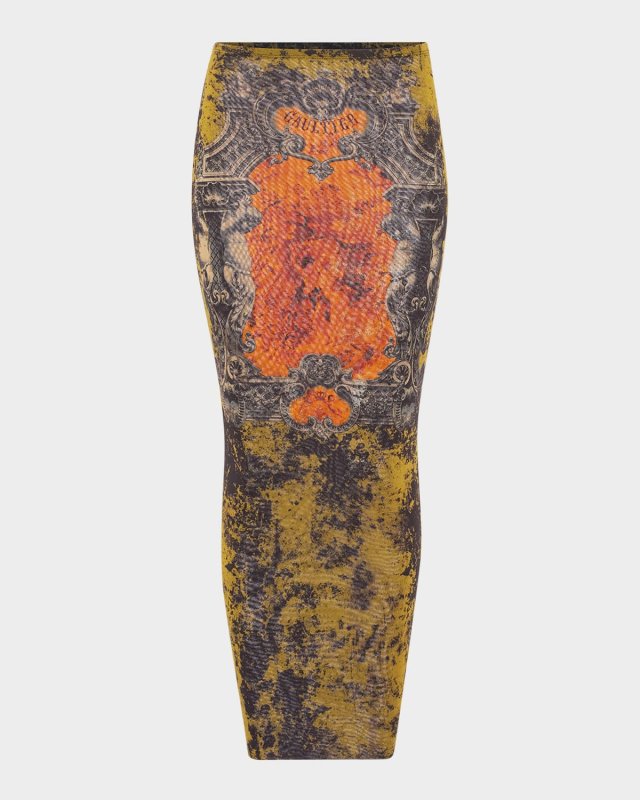 Medallion-Print Mesh Maxi Skirt